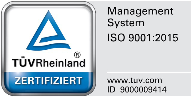 Siegel TÜV Rheinland zertifiziert. Management System ISO 9001:2015, www.tuv.com, ID 9000009414
